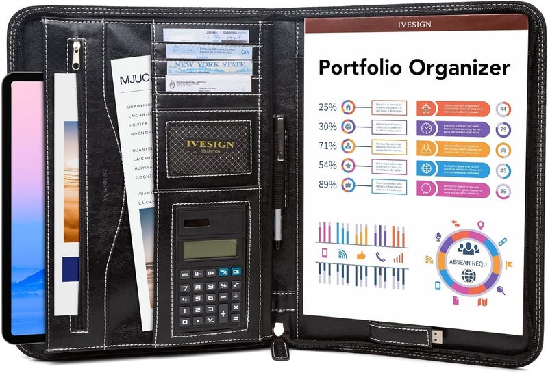 IVESIGN Faux Leather Portfolio Padfolio Organizer with Calculator, Writing Pad, Zipper Closure, Tablet Sleeve, Clipboard with Storage, Document Organizer, Business Card Holder, Note Pads-Black - Image 1
